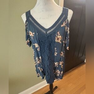 Blue and Orange Asymmetrical Short Sleeve Blouse